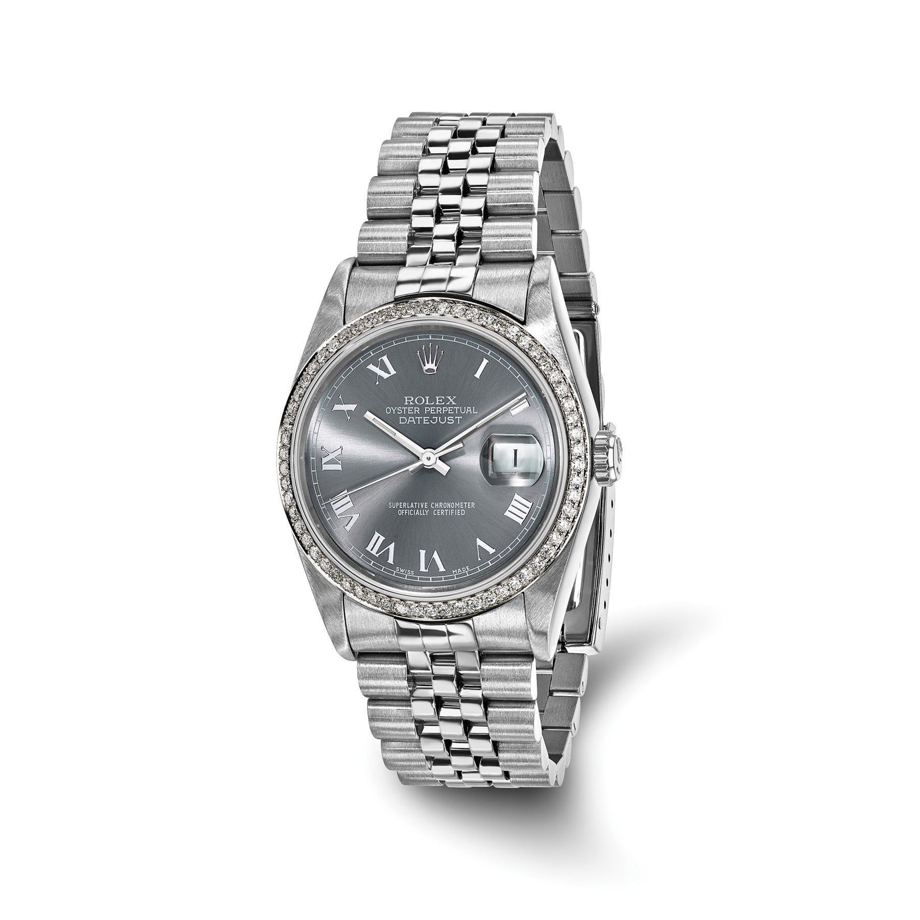 Pre-owned Rolex Datejust 36mm stainless steel watch with grey dial and diamond-set bezel on a Jubilee bracelet