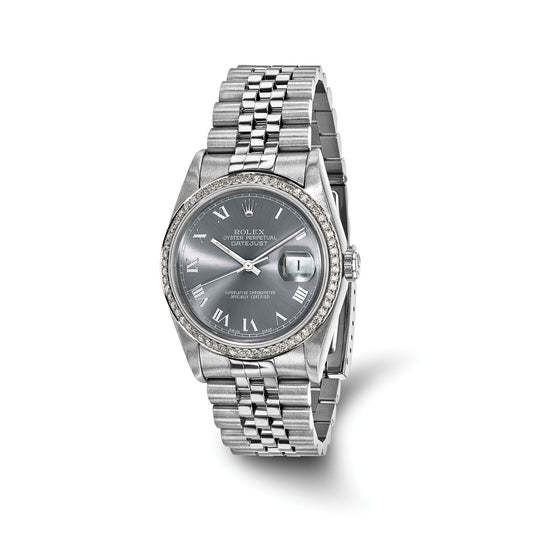 Pre-owned Rolex Datejust 36mm stainless steel watch with grey dial and diamond-set bezel on a Jubilee bracelet