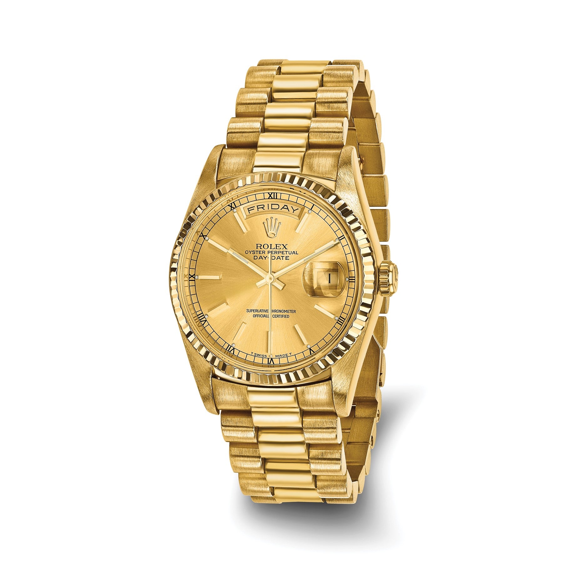 Pre-owned Rolex Day-Date President 36mm 18K yellow gold watch with champagne dial and fluted bezel on a President bracelet