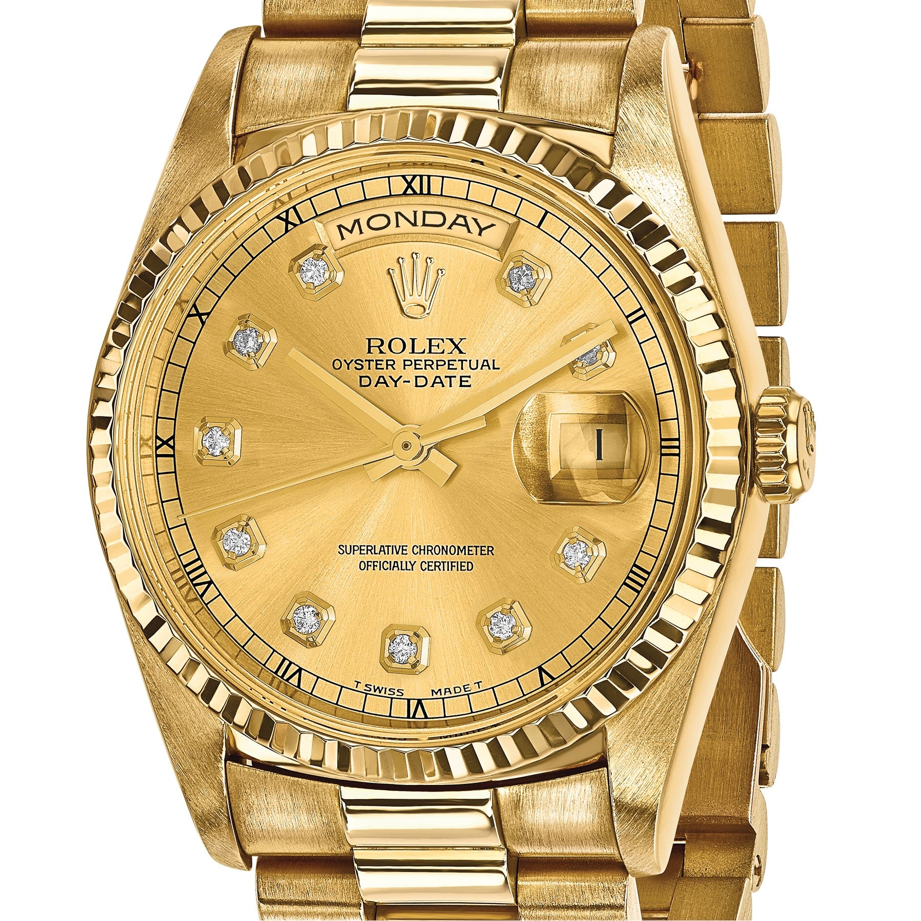 Pre-owned Rolex Day-Date President 36mm 18K gold watch with champagne diamond dial, another angle