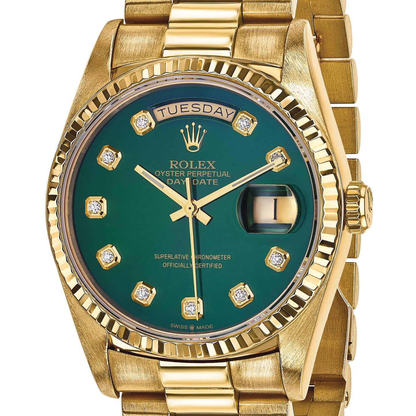 Pre-owned Rolex Day-Date President 36mm 18K gold watch with green diamond dial, further view