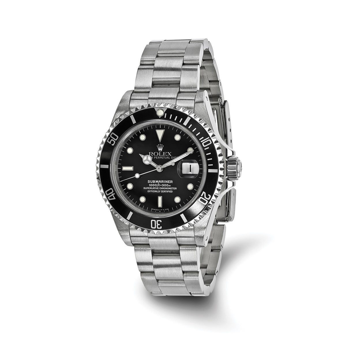 Pre-owned Rolex Submariner 40mm stainless steel watch with black dial and black time-lapse bezel on a steel Oyster bracelet
