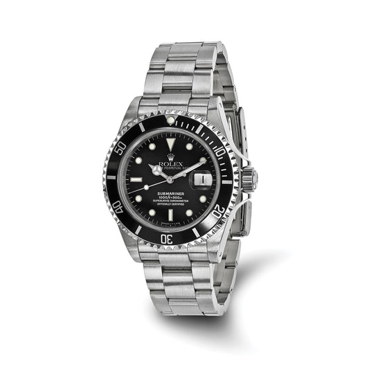Pre-owned Rolex Submariner 40mm stainless steel watch with black dial and black time-lapse bezel on a steel Oyster bracelet