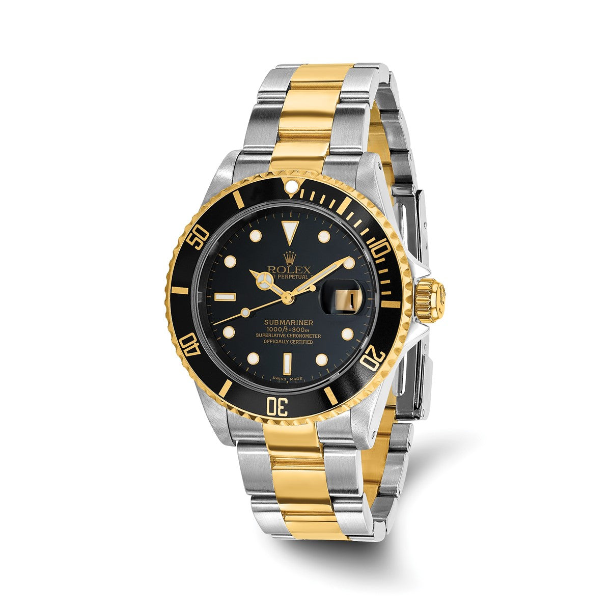Pre-owned Rolex Submariner 40mm two-tone steel and 18K yellow gold watch with black dial and black time-lapse bezel on an Oyster bracelet