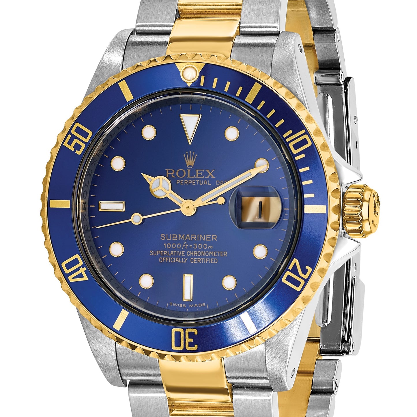 Pre-owned Rolex Submariner 40mm two-tone steel and 18K yellow gold watch with blue dial, another angle