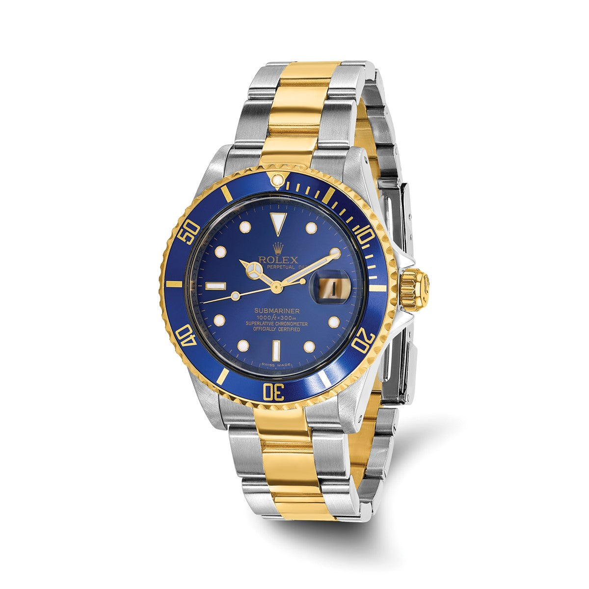Pre-owned Rolex Submariner 40mm two-tone steel and 18K yellow gold watch with blue dial and blue time-lapse bezel on an Oyster bracelet