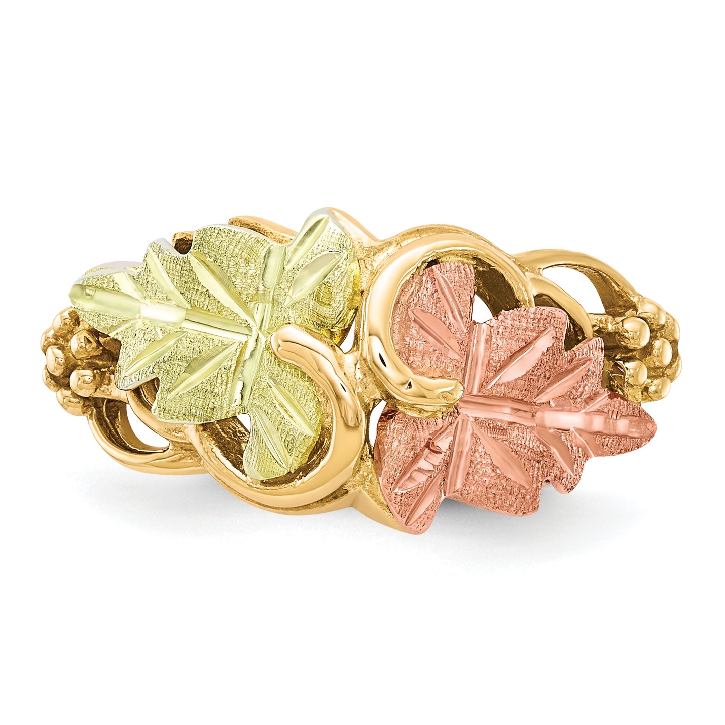 10K Tri-Color Black Hills Gold Grapes and Leaves Ring - side profile view