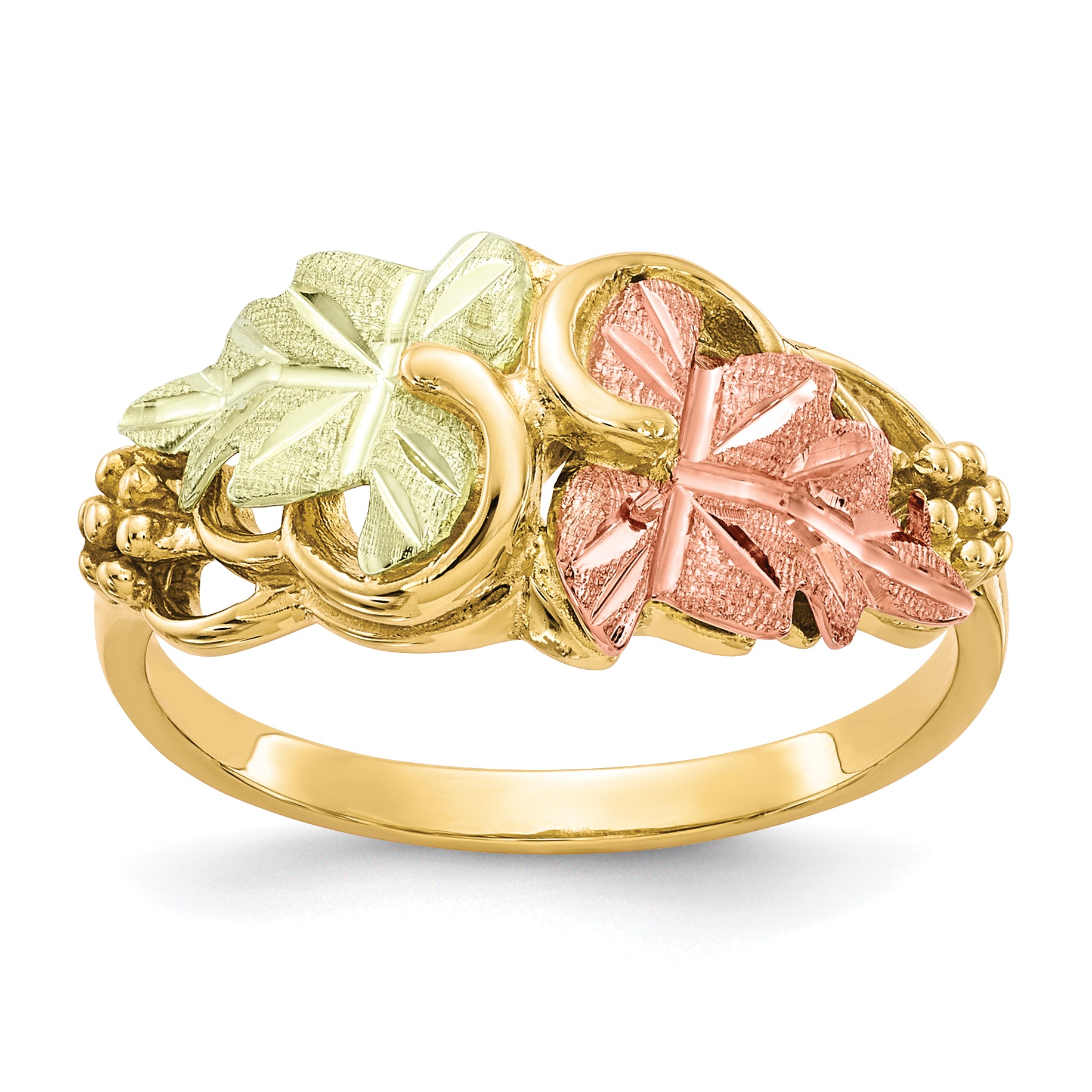 10K Tri-Color Black Hills Gold Grapes and Leaves Ring - front view