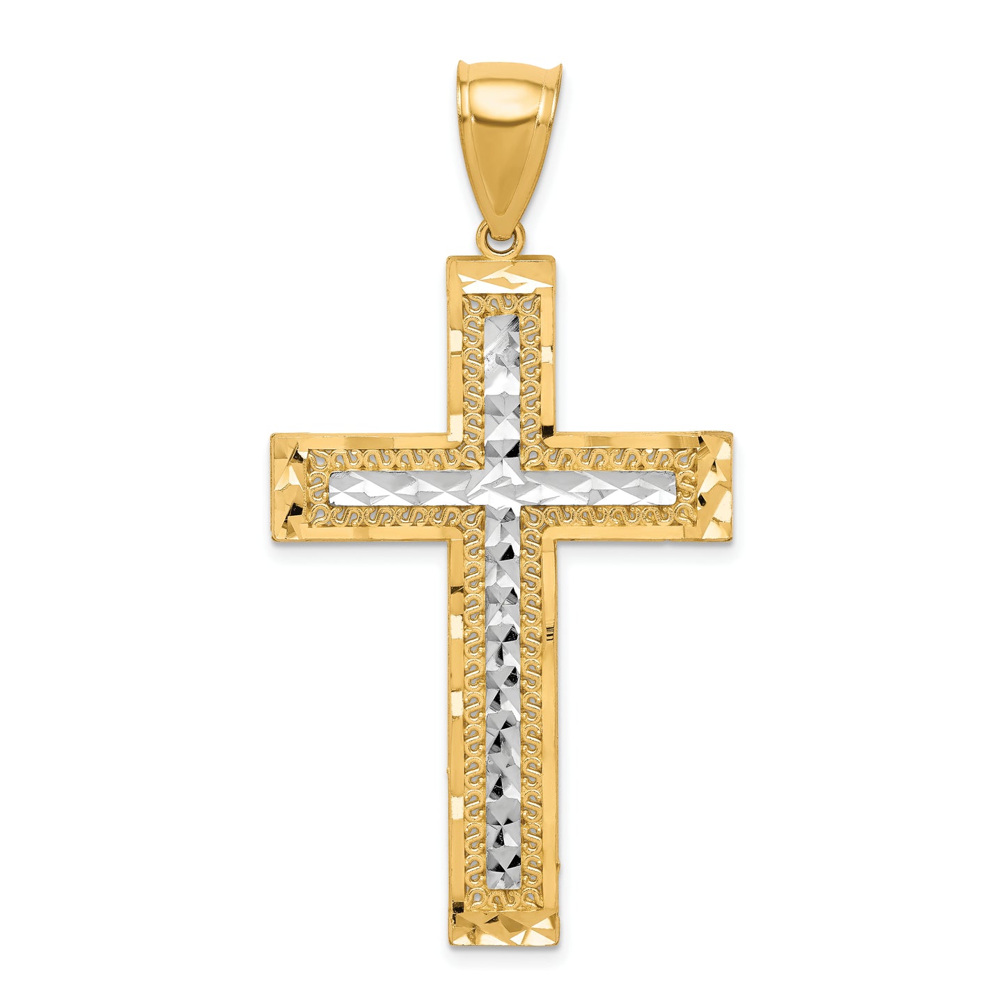 10K Gold and White Rhodium Large Diamond-Cut Cross Pendant - main view