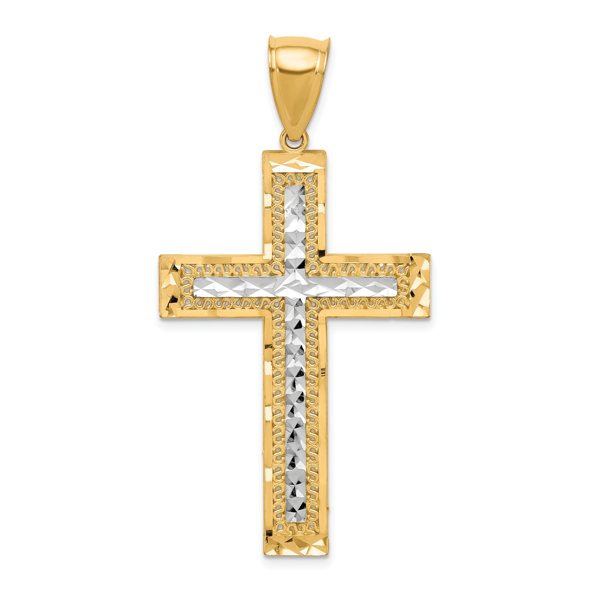 10K Gold and White Rhodium Large Diamond-Cut Cross Pendant - main view