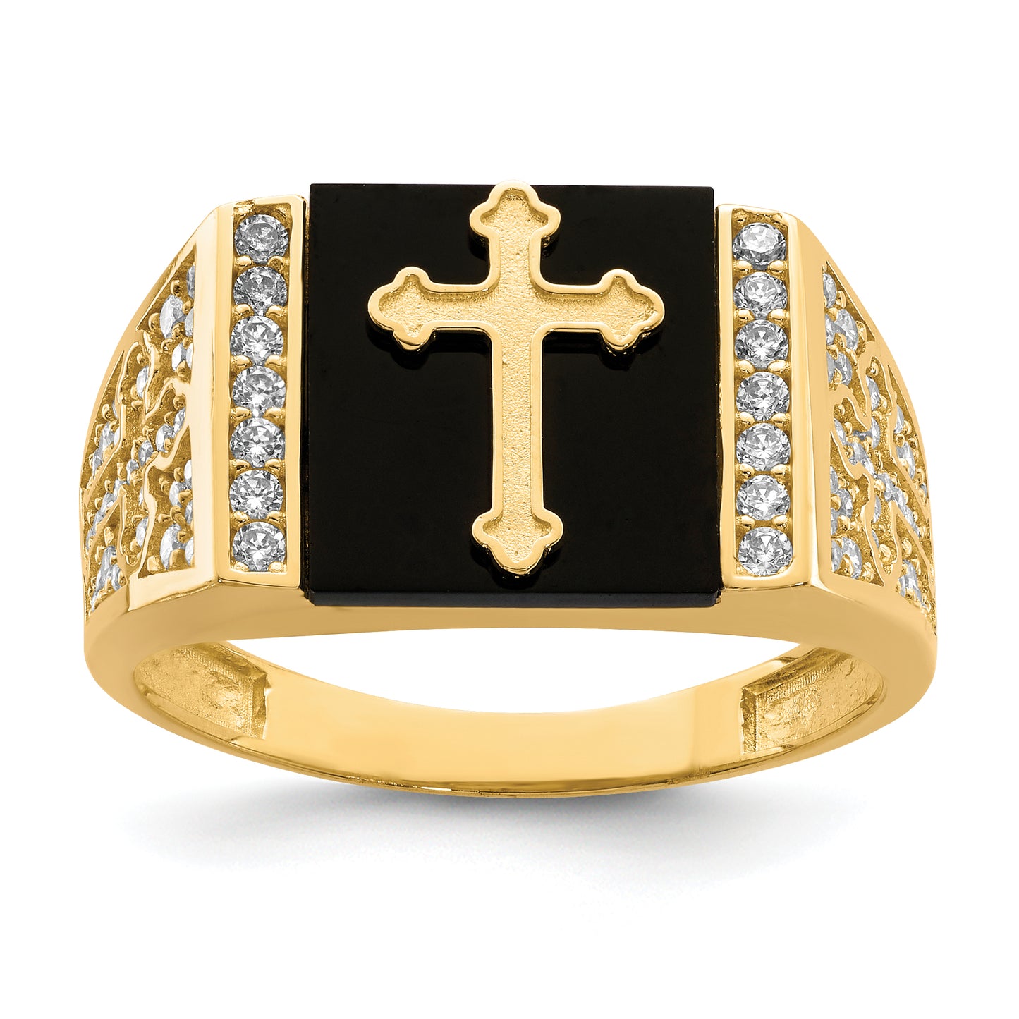 10K yellow gold onyx and CZ cross ring for men - 10C1401