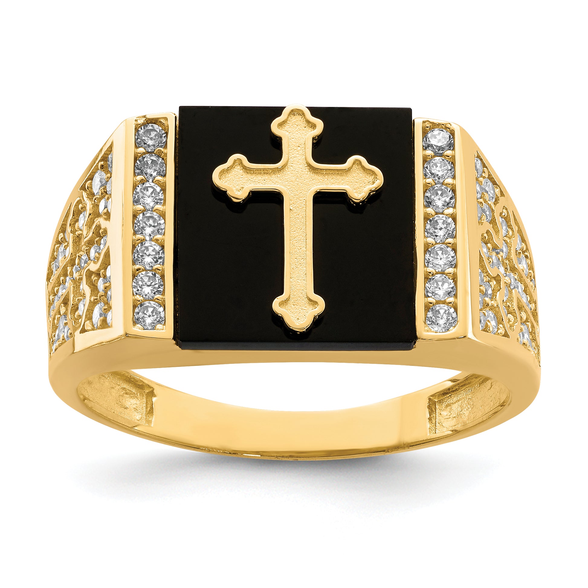 10K yellow gold onyx and CZ cross ring for men - 10C1401