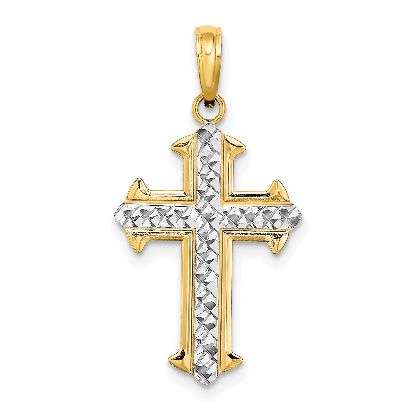 10K Yellow Gold & Rhodium diamond-cut cross pendant – main view