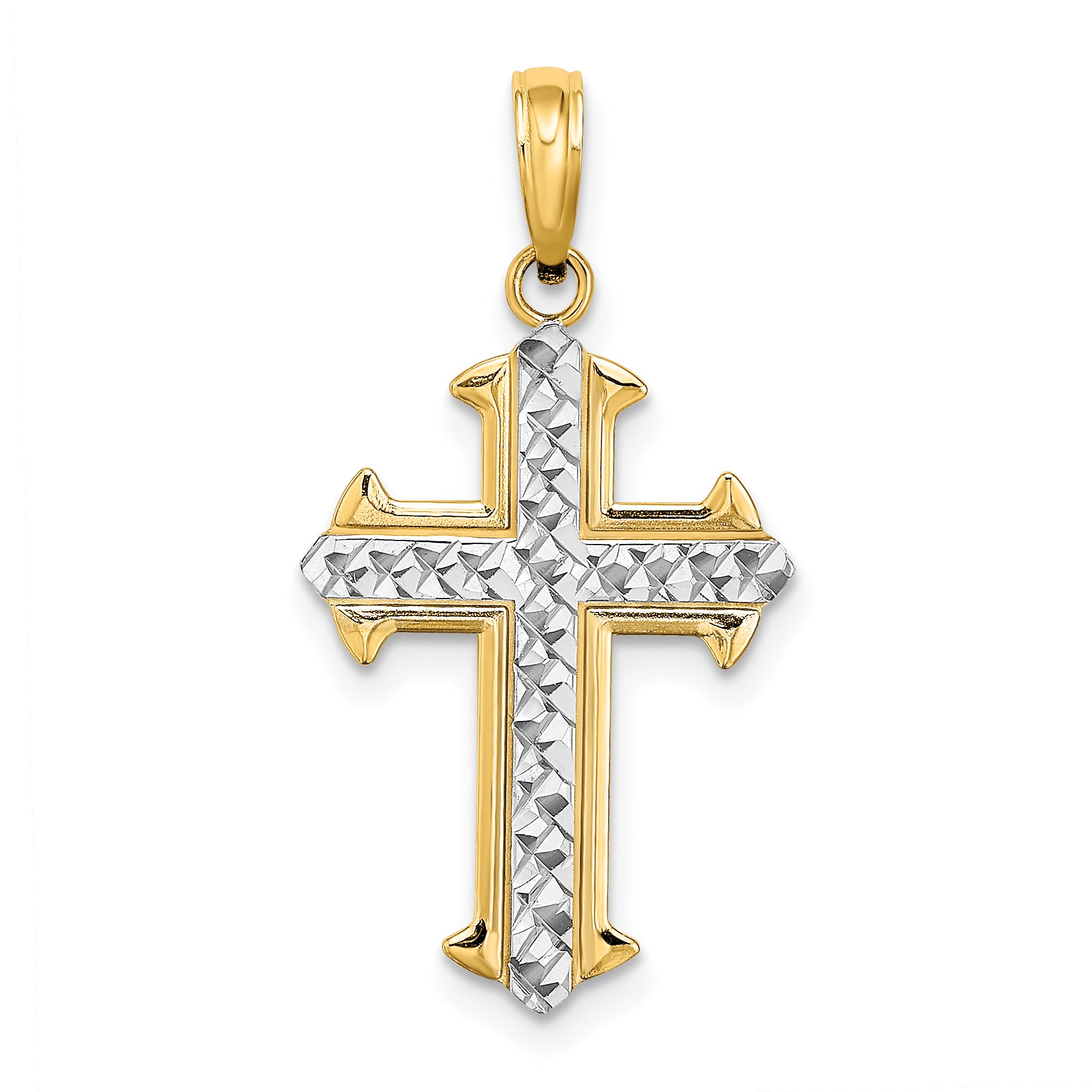 10K Yellow Gold & Rhodium diamond-cut cross pendant – main view