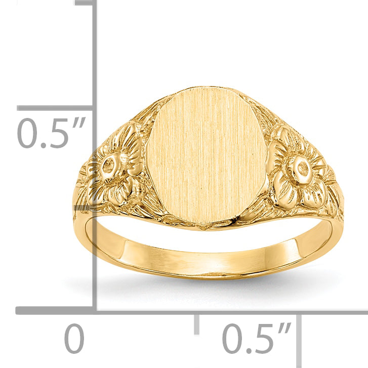 10K Yellow Gold Floral Oval Closed Back Signet Ring 10RS169 - shown on hand