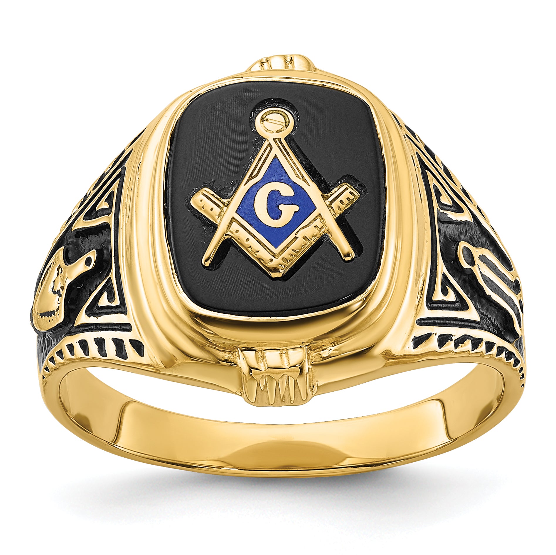 10K Yellow Gold Antiqued Onyx Masonic Mens Ring 10Y4078M