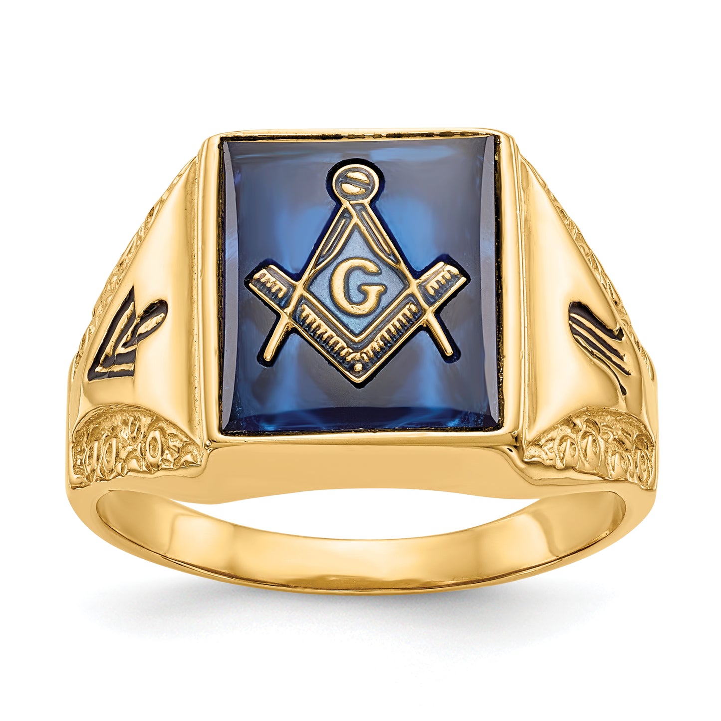 10K Yellow Gold Square Blue Spinel Masonic Mens Ring 10Y4094M