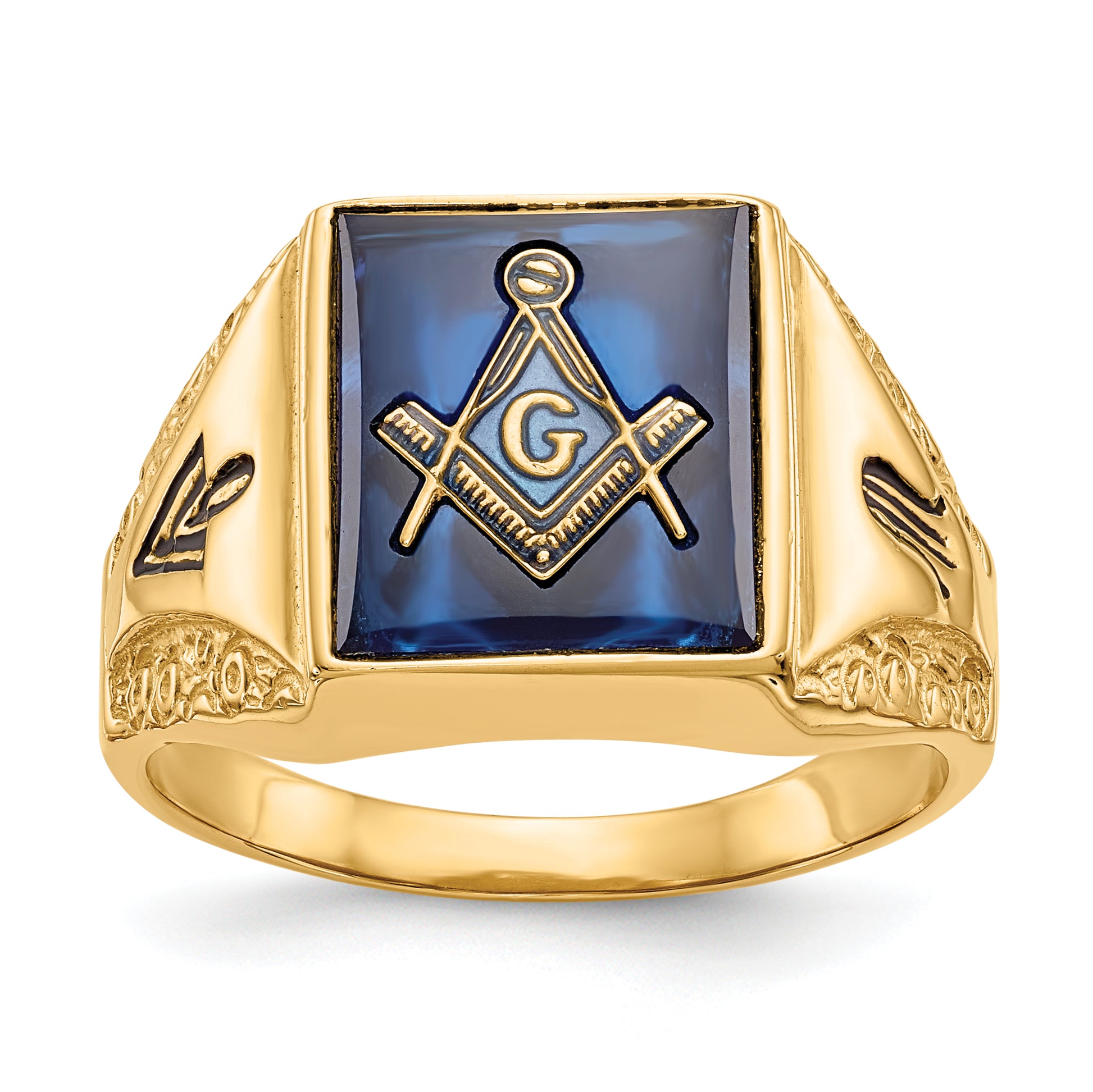 10K Yellow Gold Square Blue Spinel Masonic Mens Ring 10Y4094M