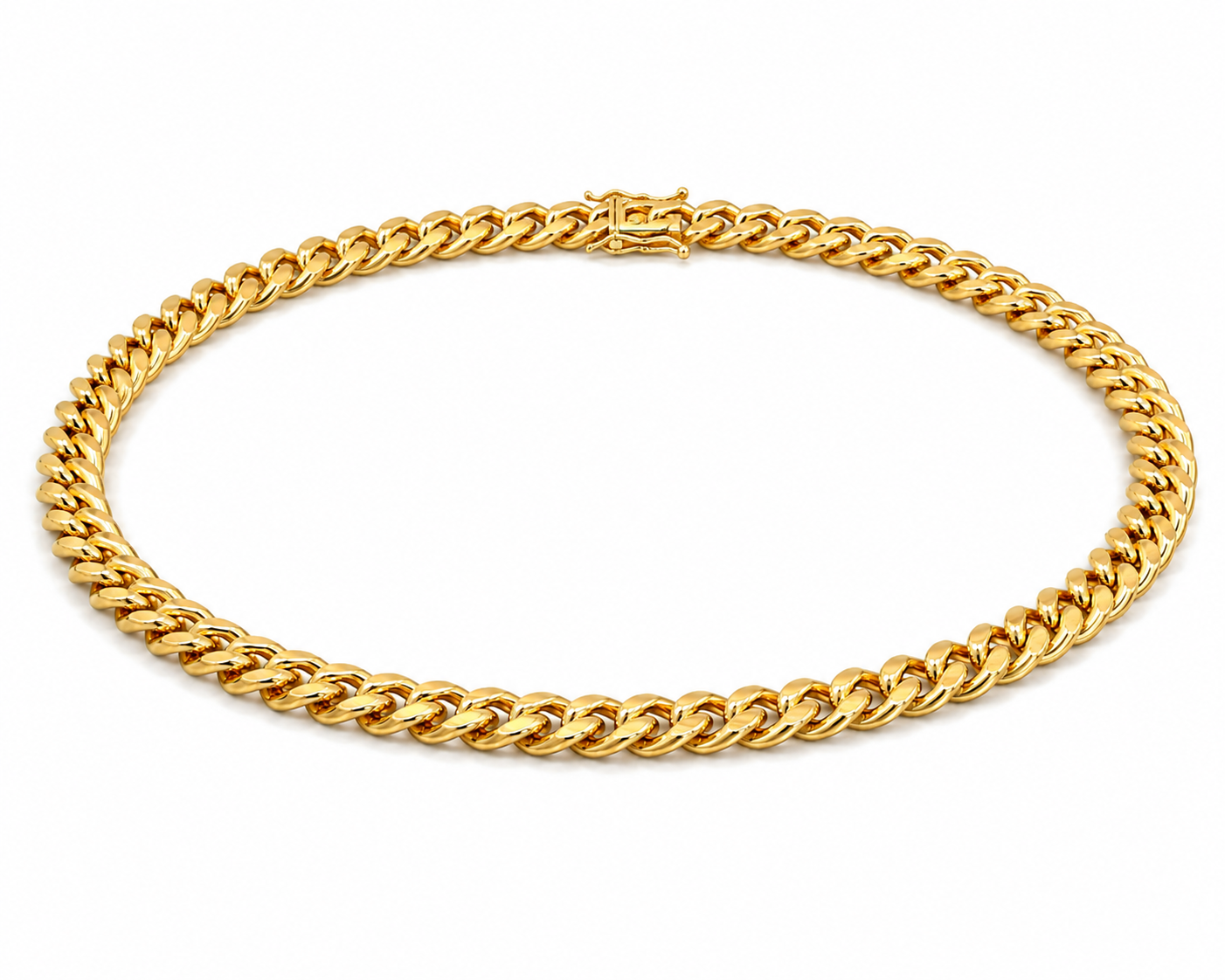 10K yellow gold hollow Miami Cuban chain three-quarter view with box lock