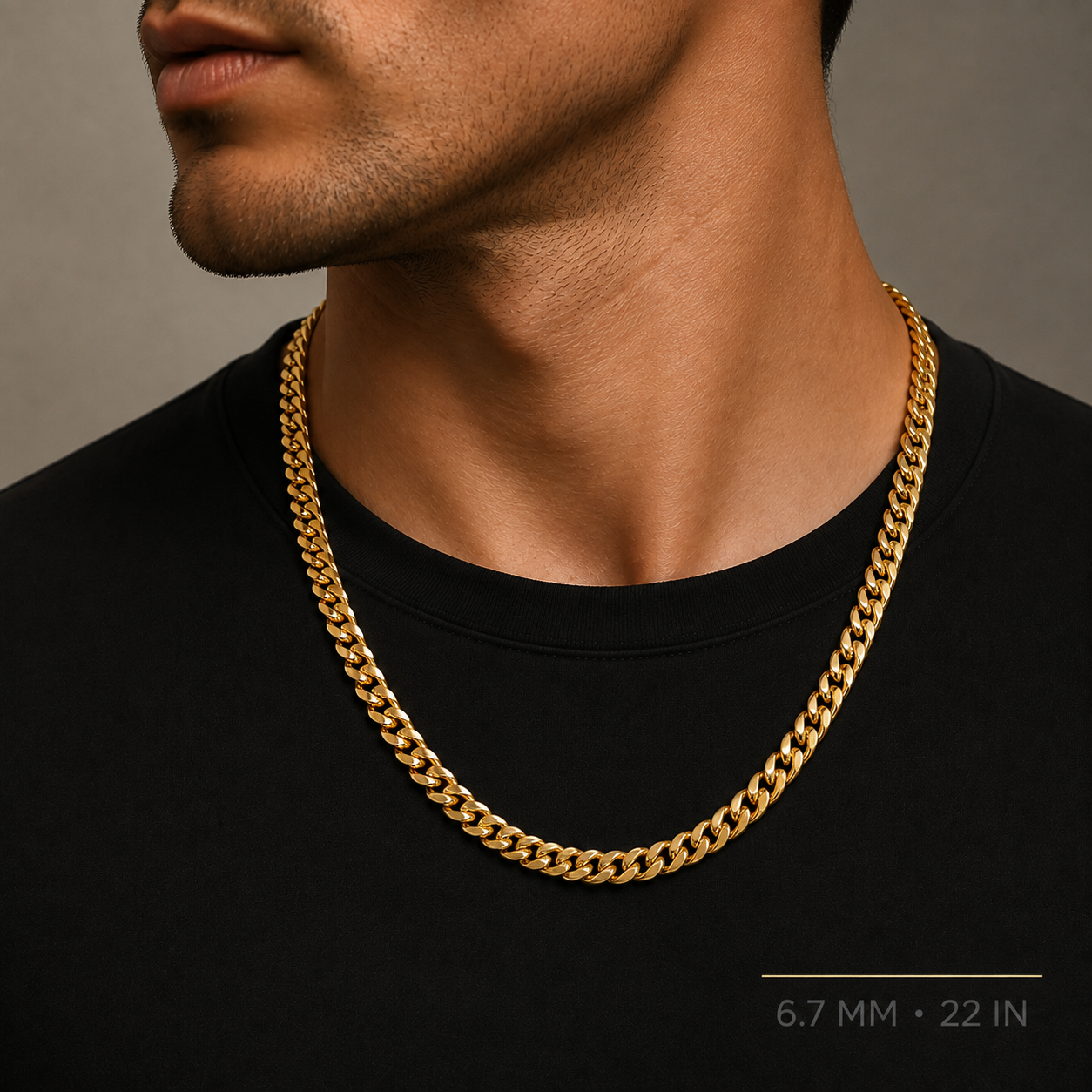 Model wearing 6.7 mm 22 inch 10K yellow gold hollow Miami Cuban chain