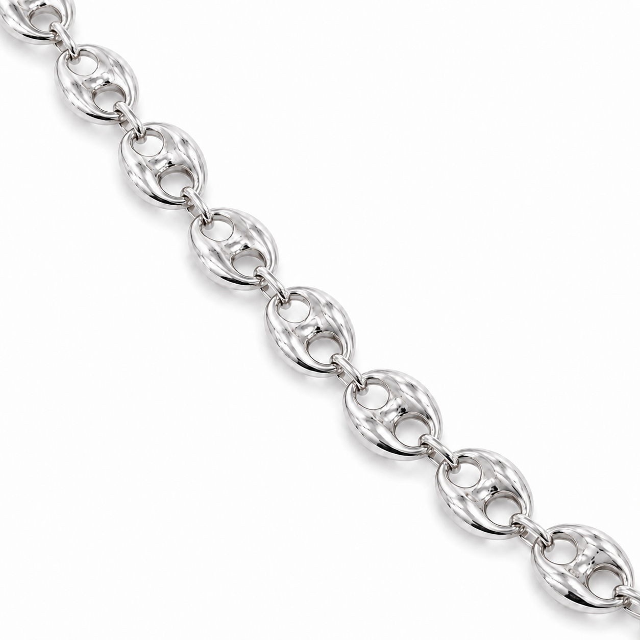 10K White Gold Hollow Puff Chain, diagonal view of the full chain