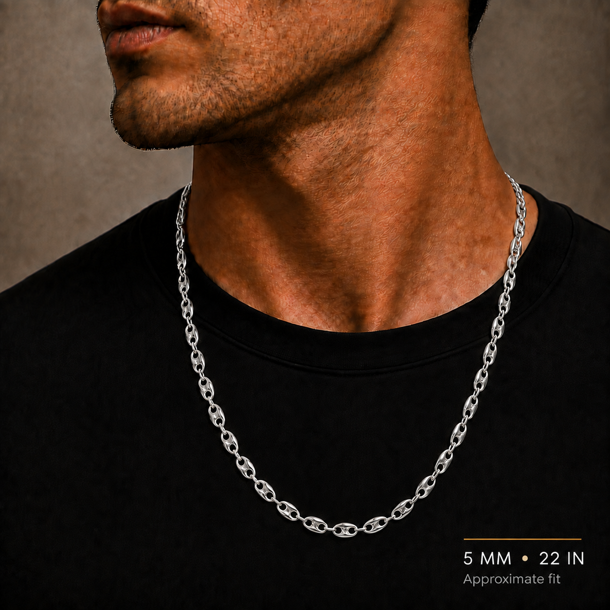 10K White Gold Hollow Puff Chain, shown worn on the neck