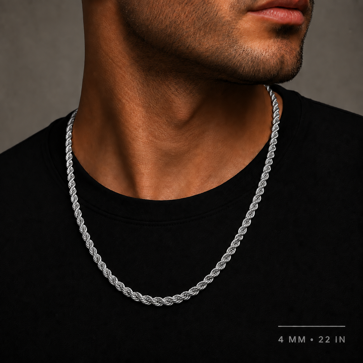 Model wearing 10K white gold hollow rope chain, 4 mm and 22 inches