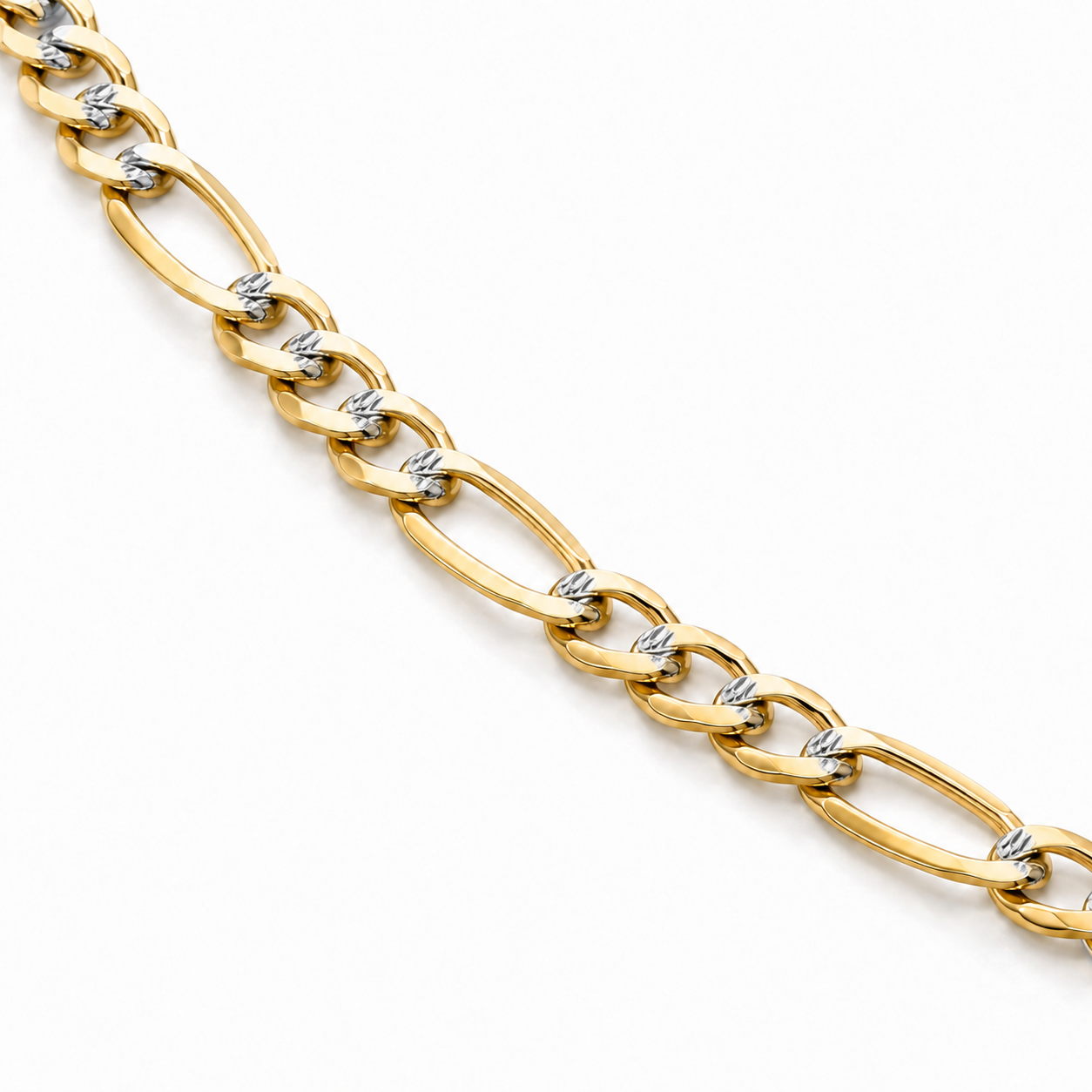 10K Yellow Gold Solid Diamond-Cut Figaro Chain, diagonal view of the full chain