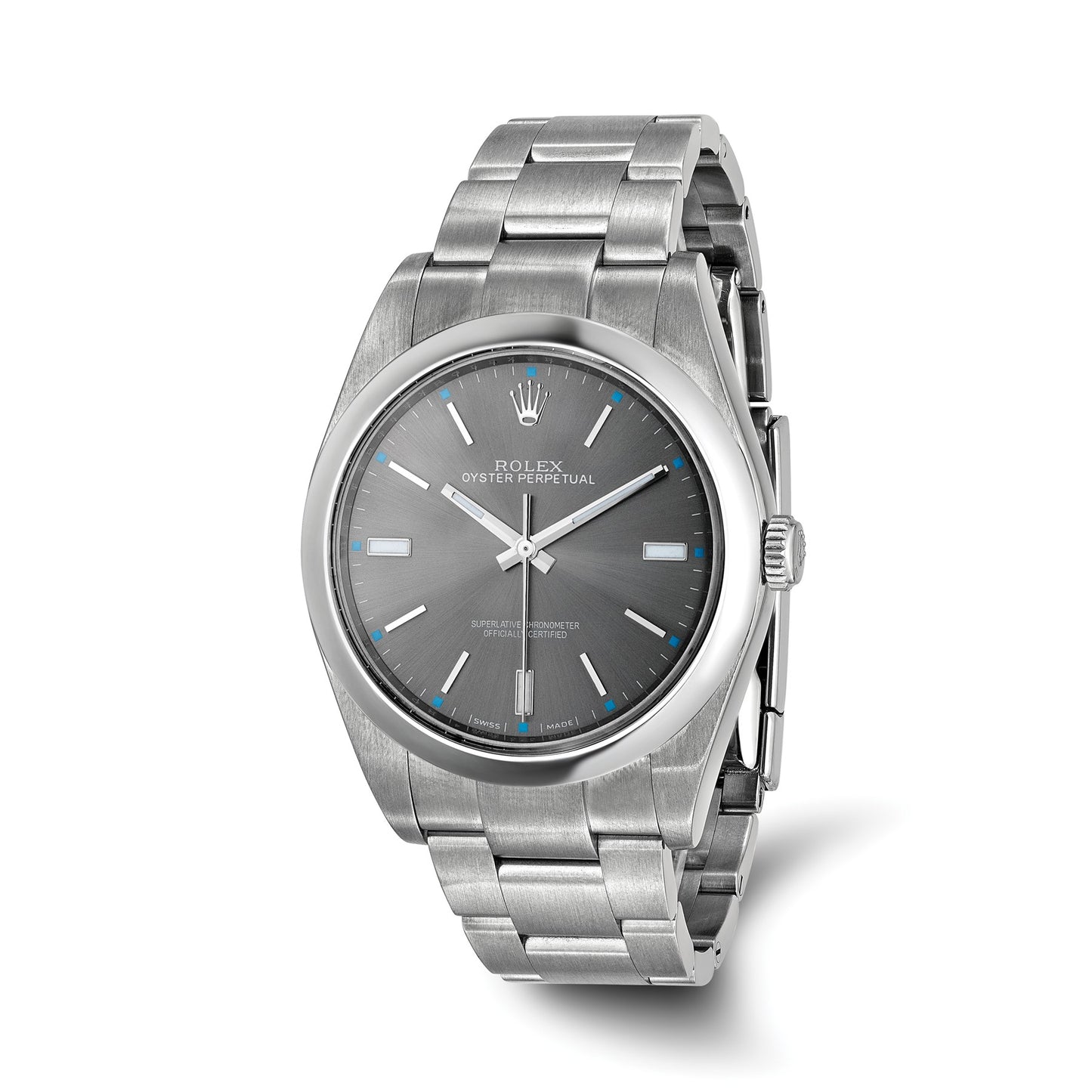 Pre-owned Rolex Oyster Perpetual 39mm reference 114300 stainless steel watch with grey dial and smooth steel bezel