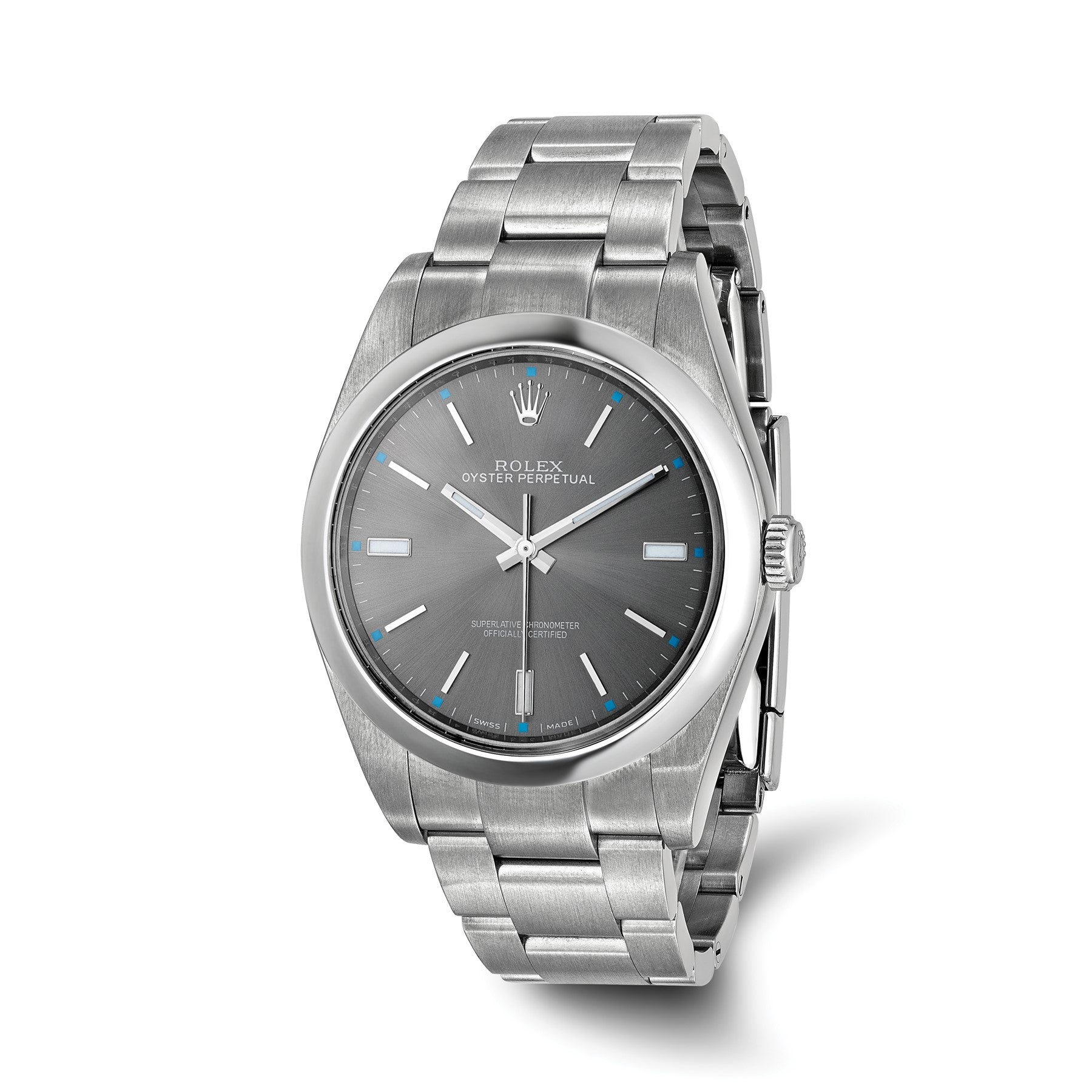 Pre-owned Rolex Oyster Perpetual 39mm reference 114300 stainless steel watch with grey dial and smooth steel bezel