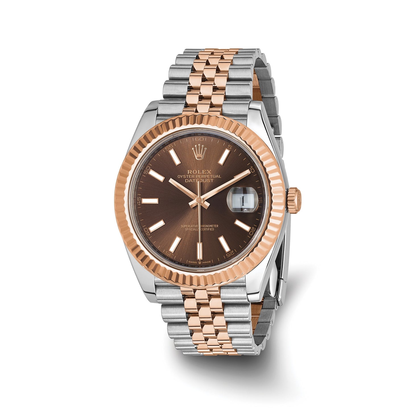 Pre-owned Rolex Datejust 41 reference 126331 steel and 18K rose gold watch with chocolate dial and fluted bezel on a Jubilee bracelet