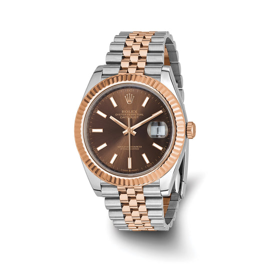 Pre-owned Rolex Datejust 41 reference 126331 steel and 18K rose gold watch with chocolate dial and fluted bezel on a Jubilee bracelet