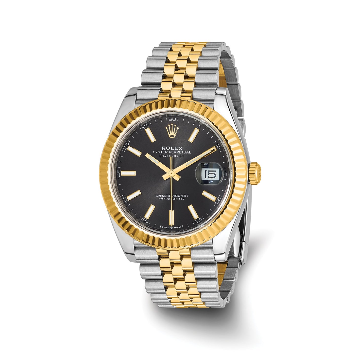 Pre-owned Rolex Datejust 41 reference 126333 two-tone steel and 18K gold watch with black dial and fluted bezel on a Jubilee bracelet
