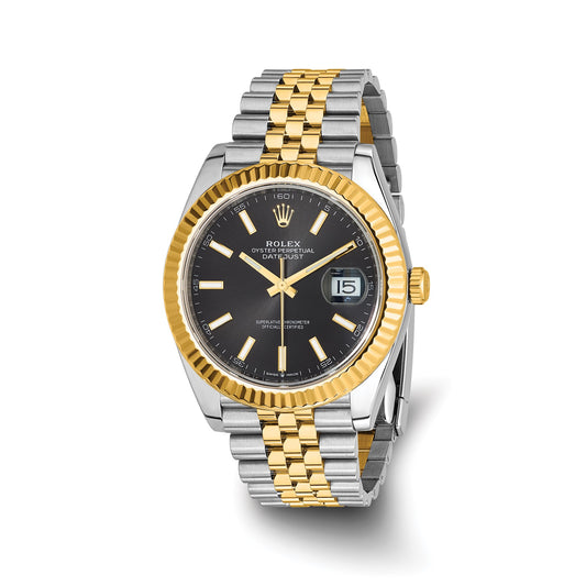 Pre-owned Rolex Datejust 41 reference 126333 two-tone steel and 18K gold watch with black dial and fluted bezel on a Jubilee bracelet