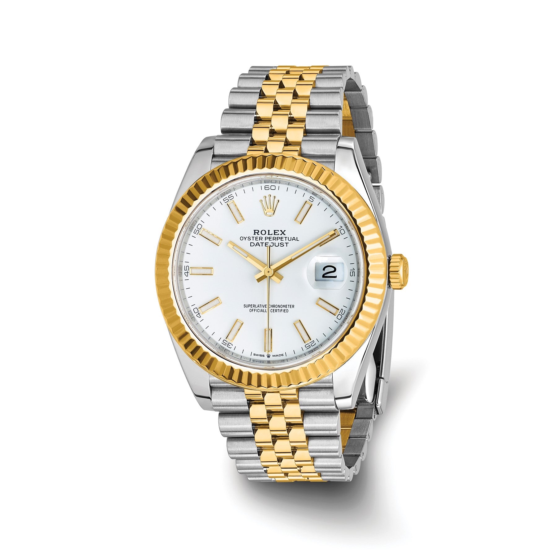 Pre-owned Rolex Datejust 41 reference 126333 two-tone steel and 18K gold watch with white dial and fluted bezel on a Jubilee bracelet