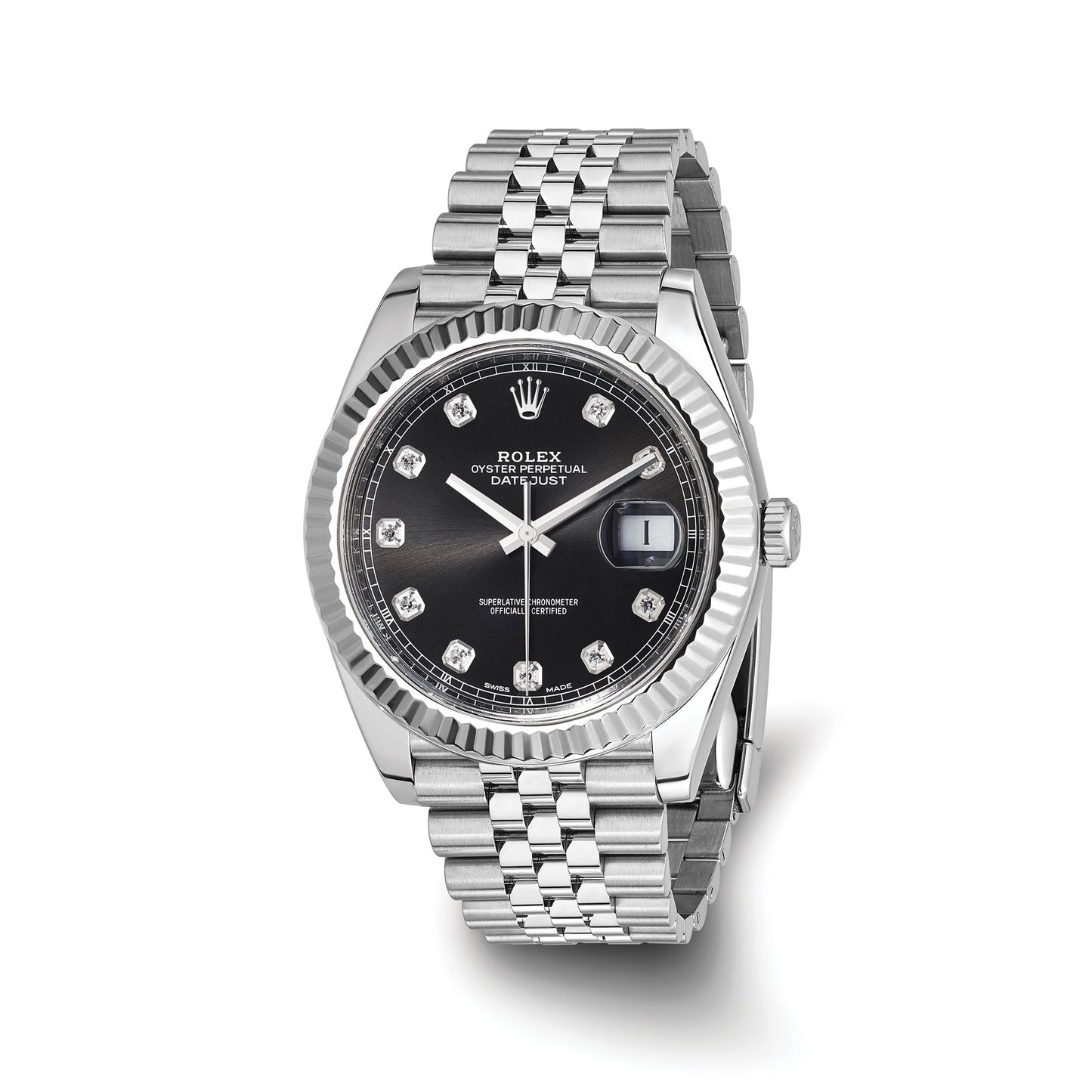 Pre-owned Rolex Datejust 41 reference 126334 stainless steel watch with black diamond dial and 18K white gold fluted bezel on a Jubilee bracelet