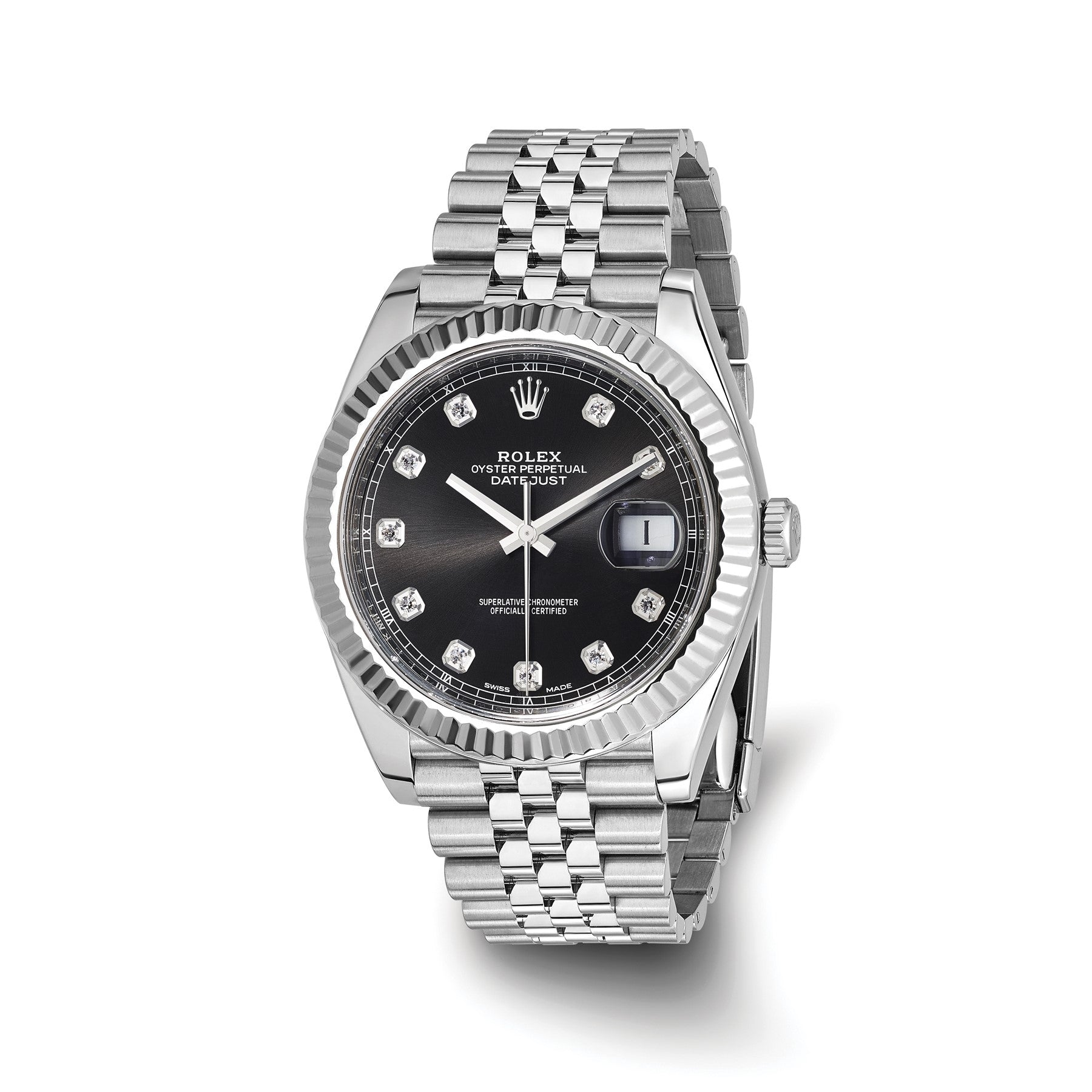 Pre-owned Rolex Datejust 41 reference 126334 stainless steel watch with black diamond dial and 18K white gold fluted bezel on a Jubilee bracelet