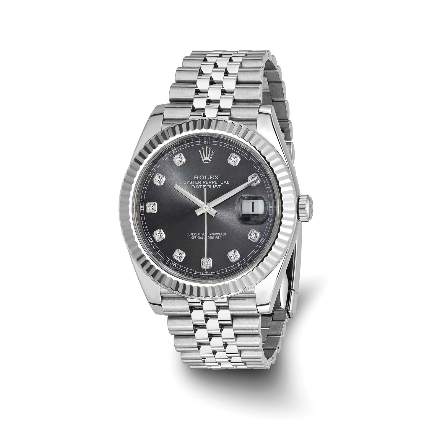 Pre-owned Rolex Datejust 41 reference 126334 stainless steel watch with slate diamond dial and 18K white gold fluted bezel on a Jubilee bracelet