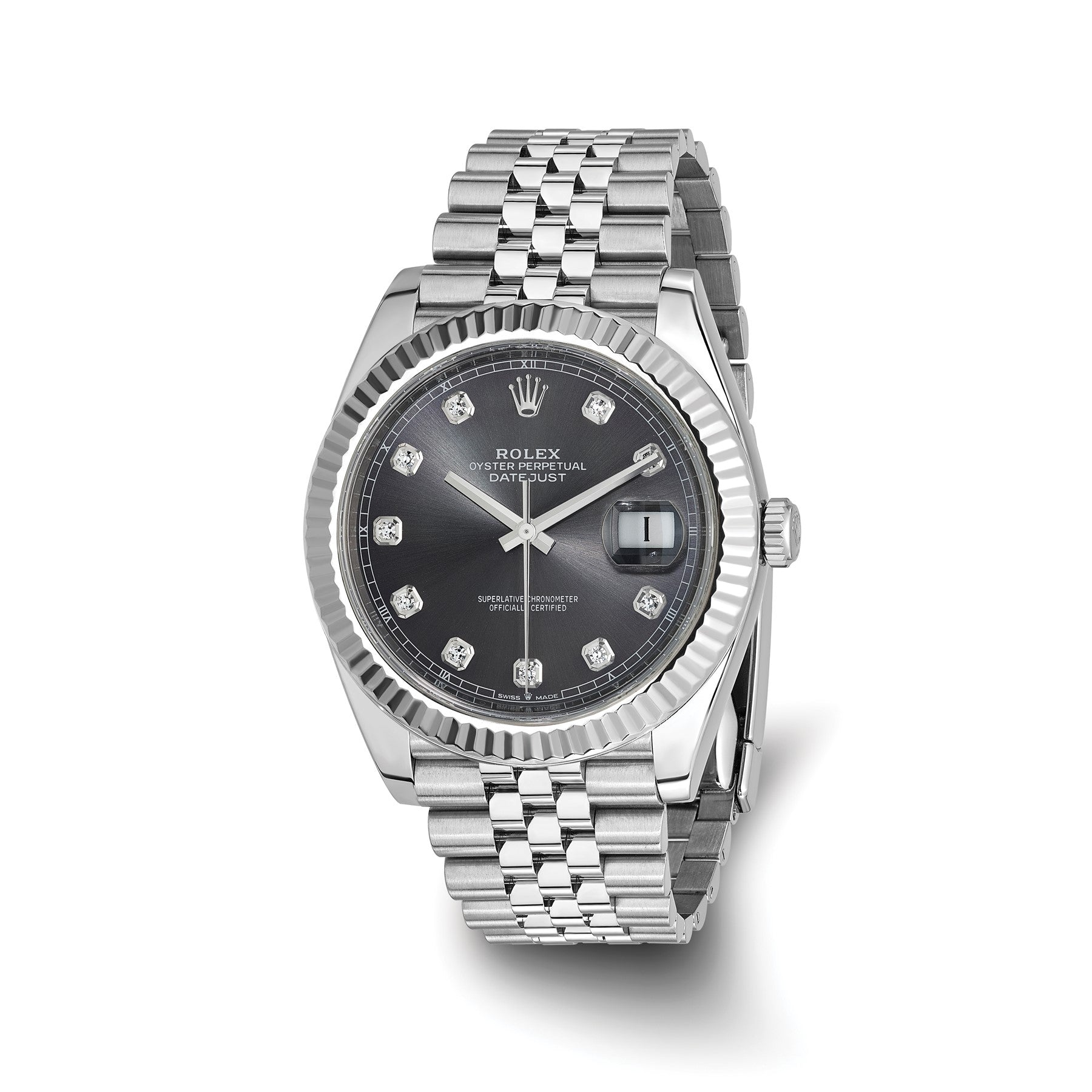 Pre-owned Rolex Datejust 41 reference 126334 stainless steel watch with slate diamond dial and 18K white gold fluted bezel on a Jubilee bracelet
