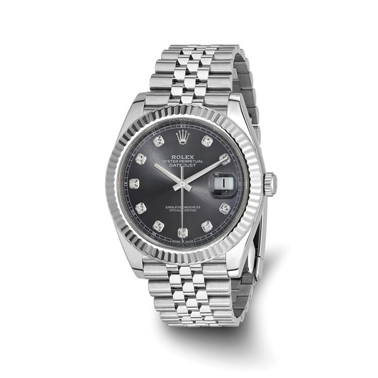 Pre-owned Rolex Datejust 41 reference 126334 stainless steel watch with slate diamond dial and 18K white gold fluted bezel on a Jubilee bracelet