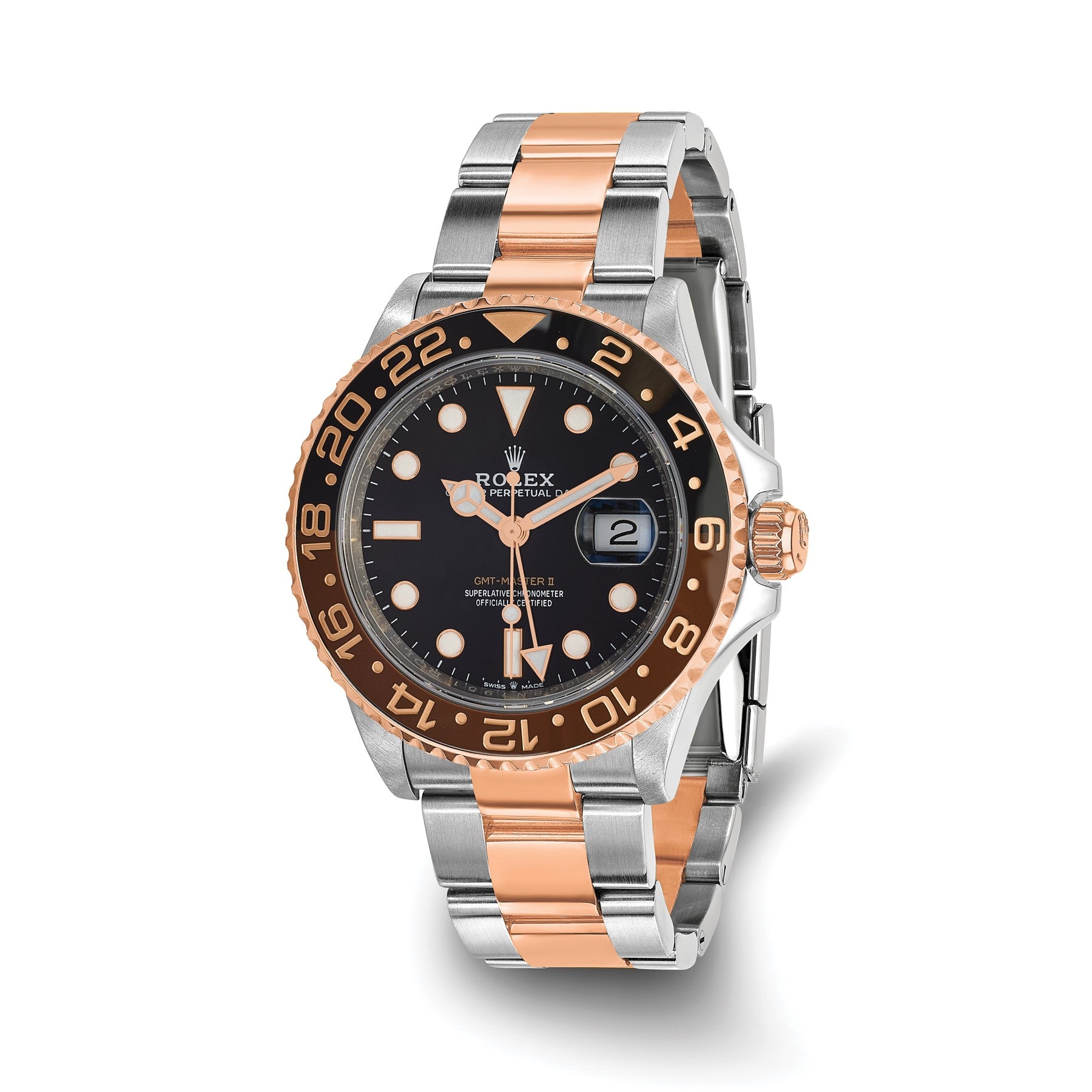 Pre-owned Rolex GMT-Master II reference 126711 CHNR steel and 18K rose gold watch with black dial and brown and black 24-hour bezel