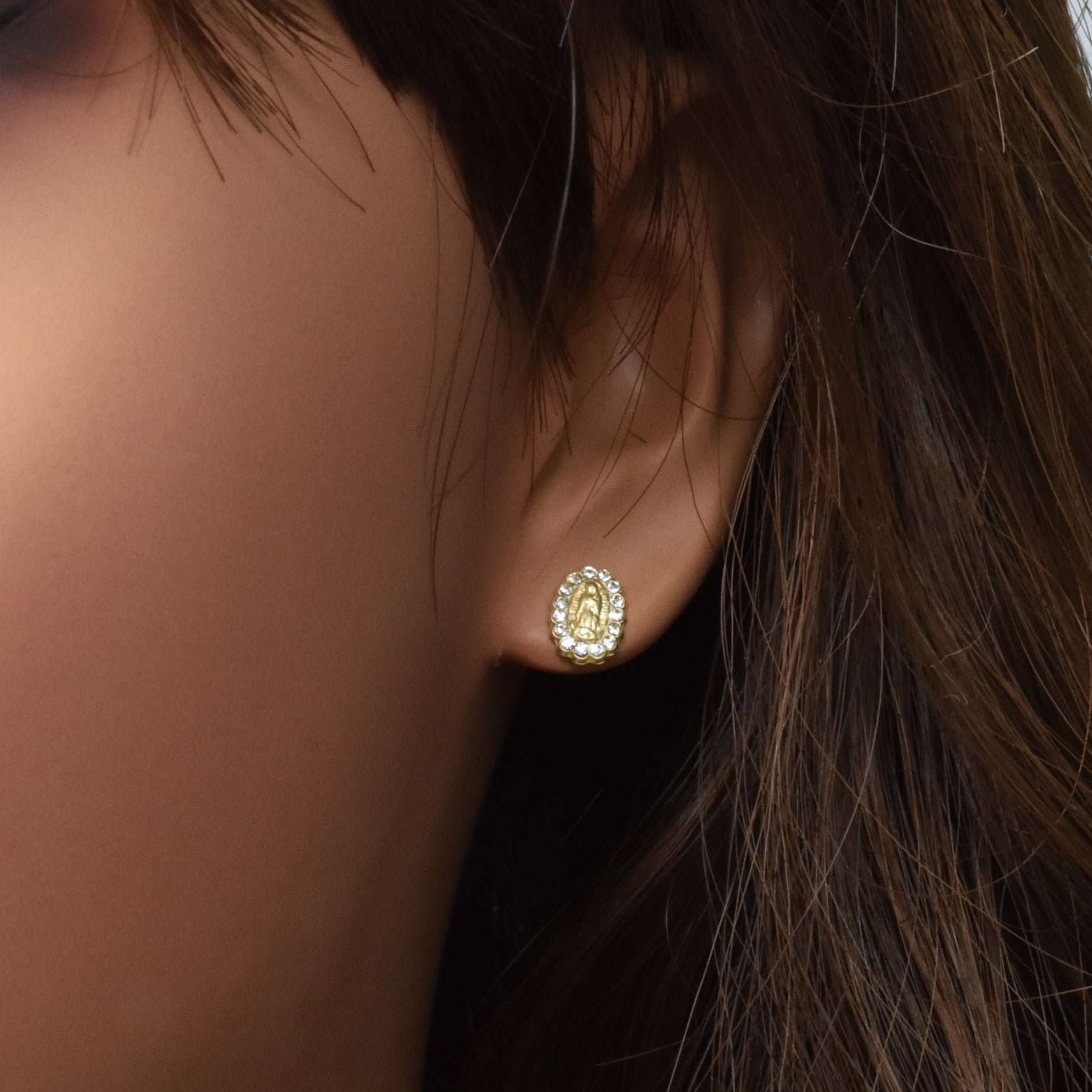Guadalupe CZ stud earrings in 14 karat yellow gold, detail view