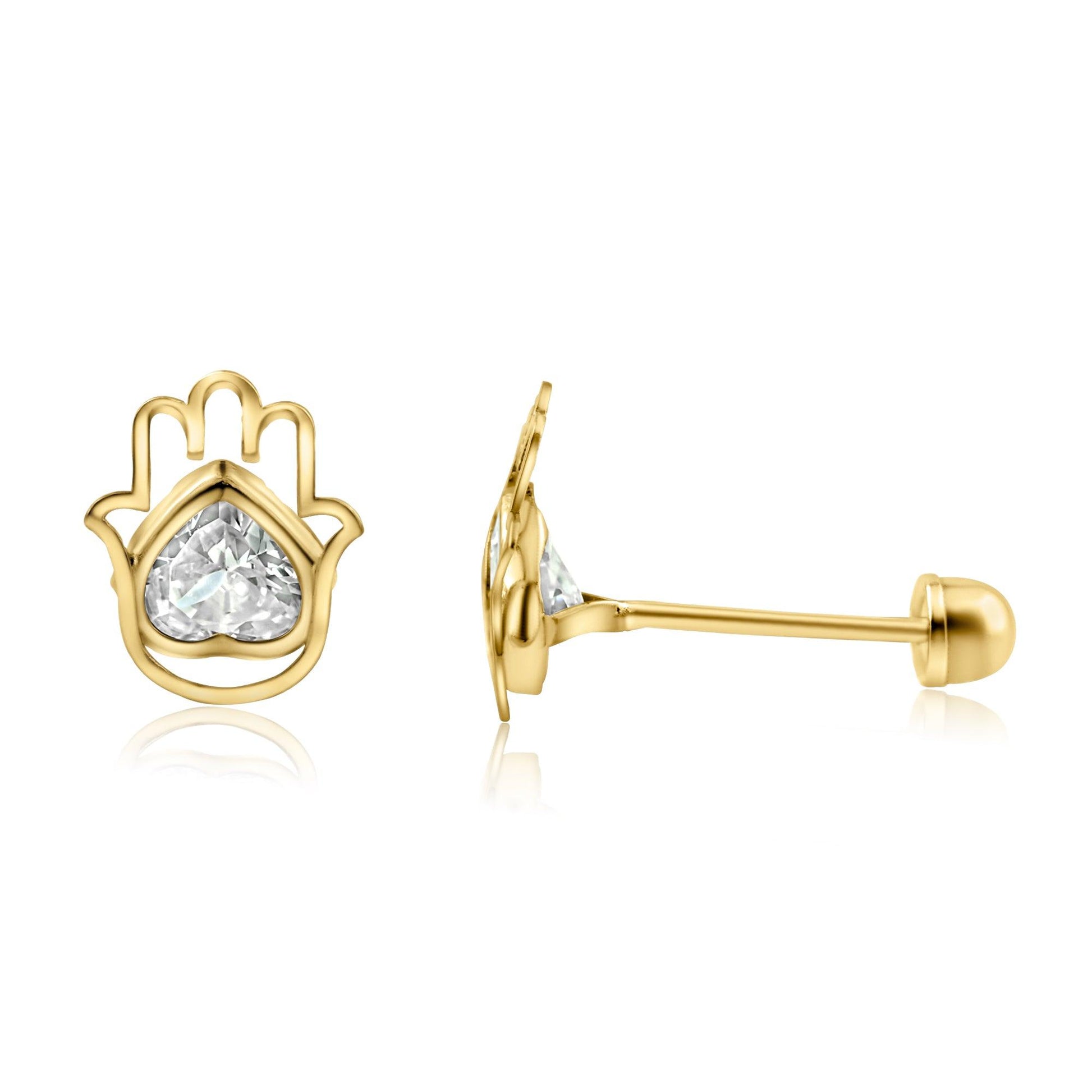 14K yellow gold hamsa hand with CZ heart screw back stud earrings