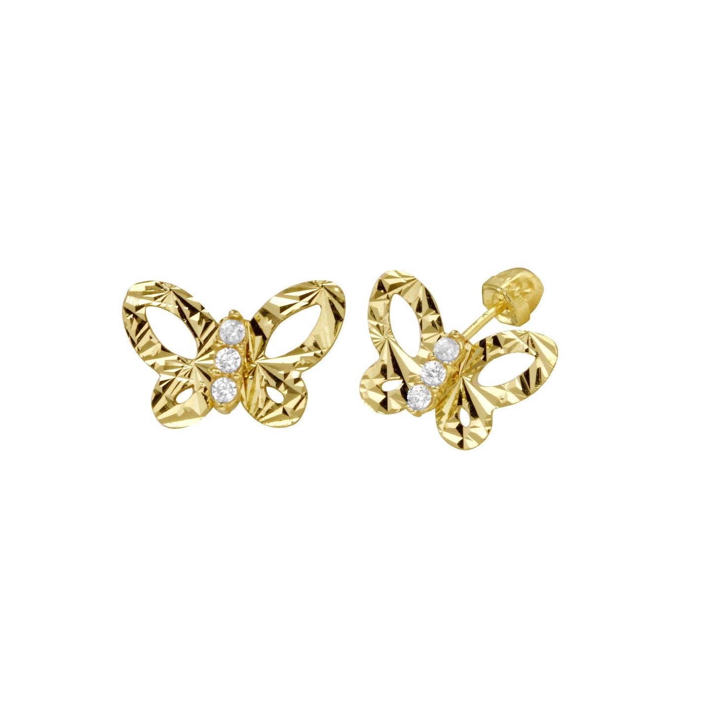 14K yellow gold CZ center butterfly screw back stud earrings