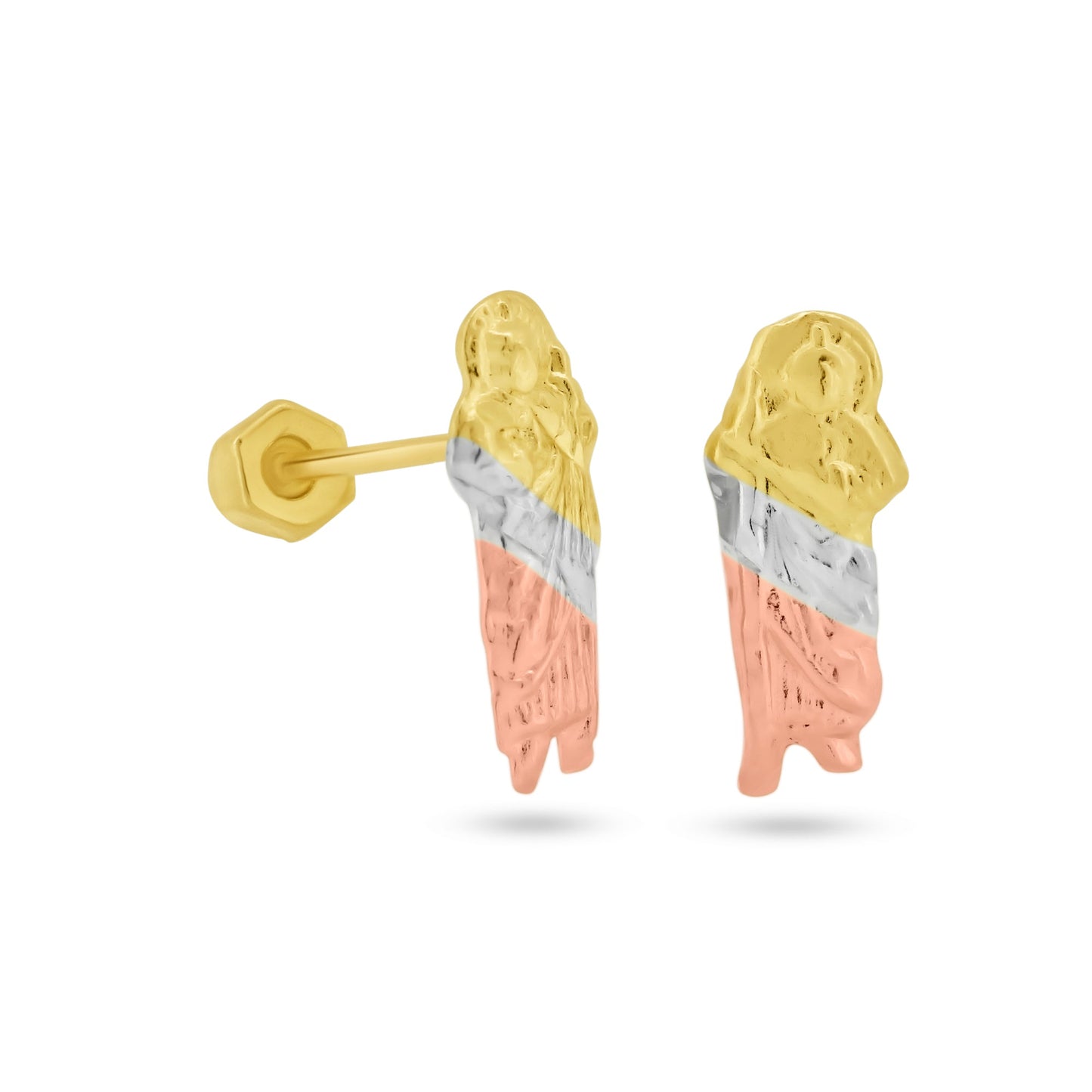 Three-tone gold St Jude stud earrings, detail view