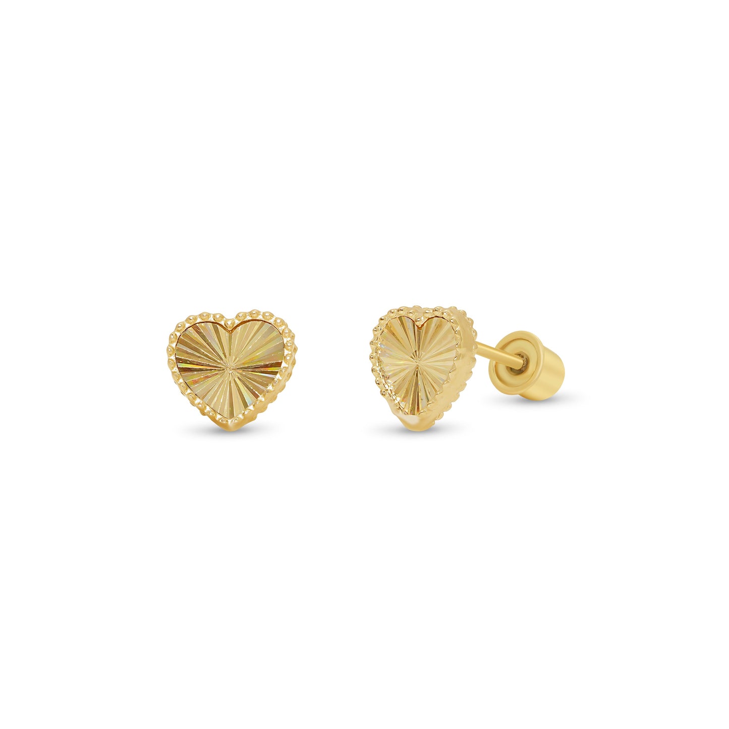 14K gold beaded iridescent diamond-cut heart screw back stud earrings