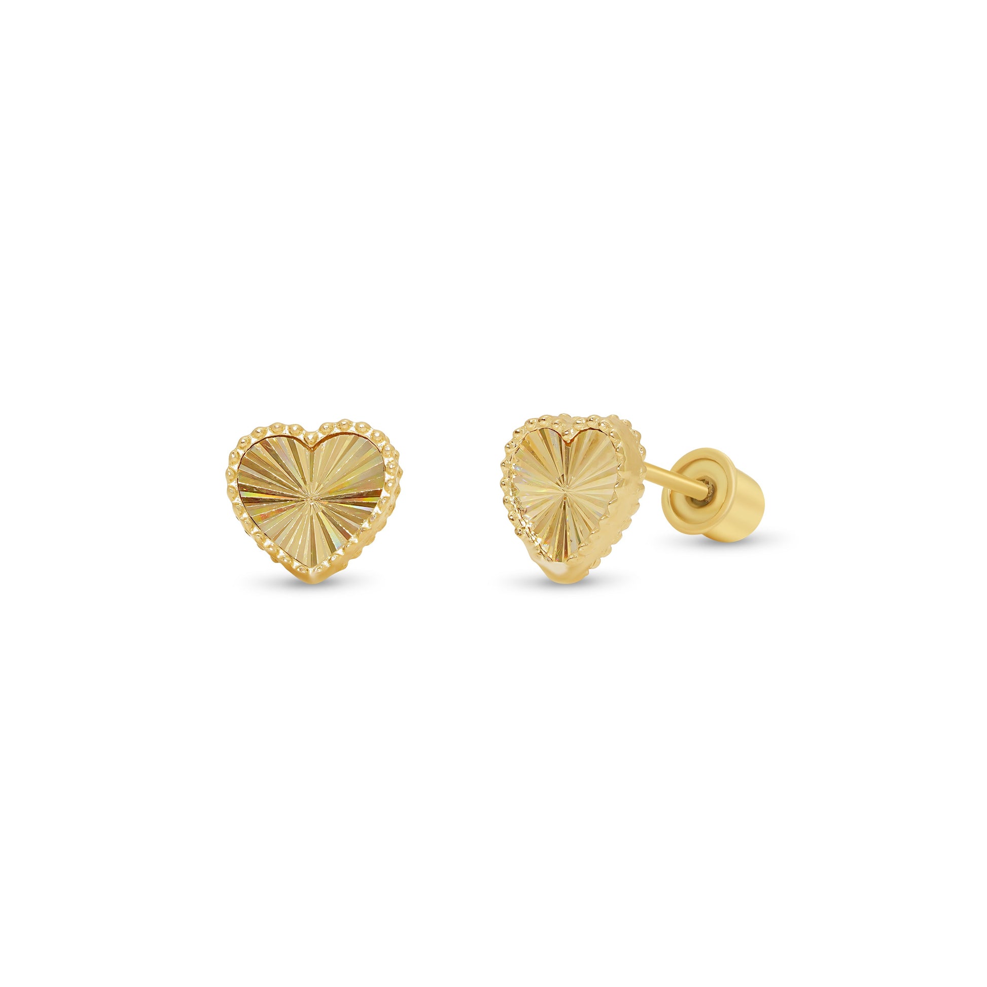 14K gold beaded iridescent diamond-cut heart screw back stud earrings