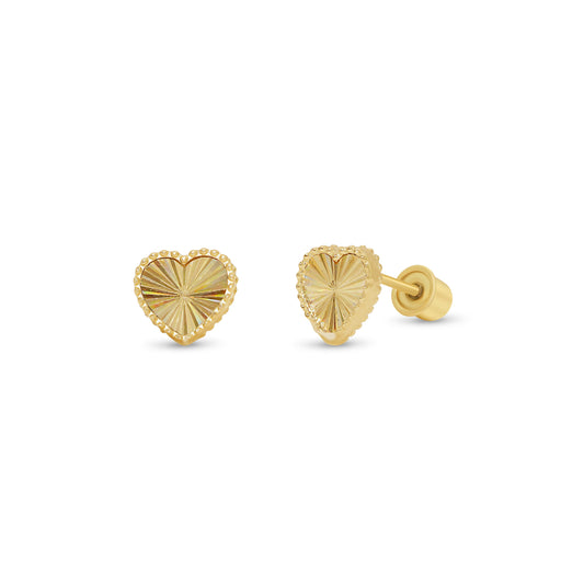 14K gold beaded iridescent diamond-cut heart screw back stud earrings