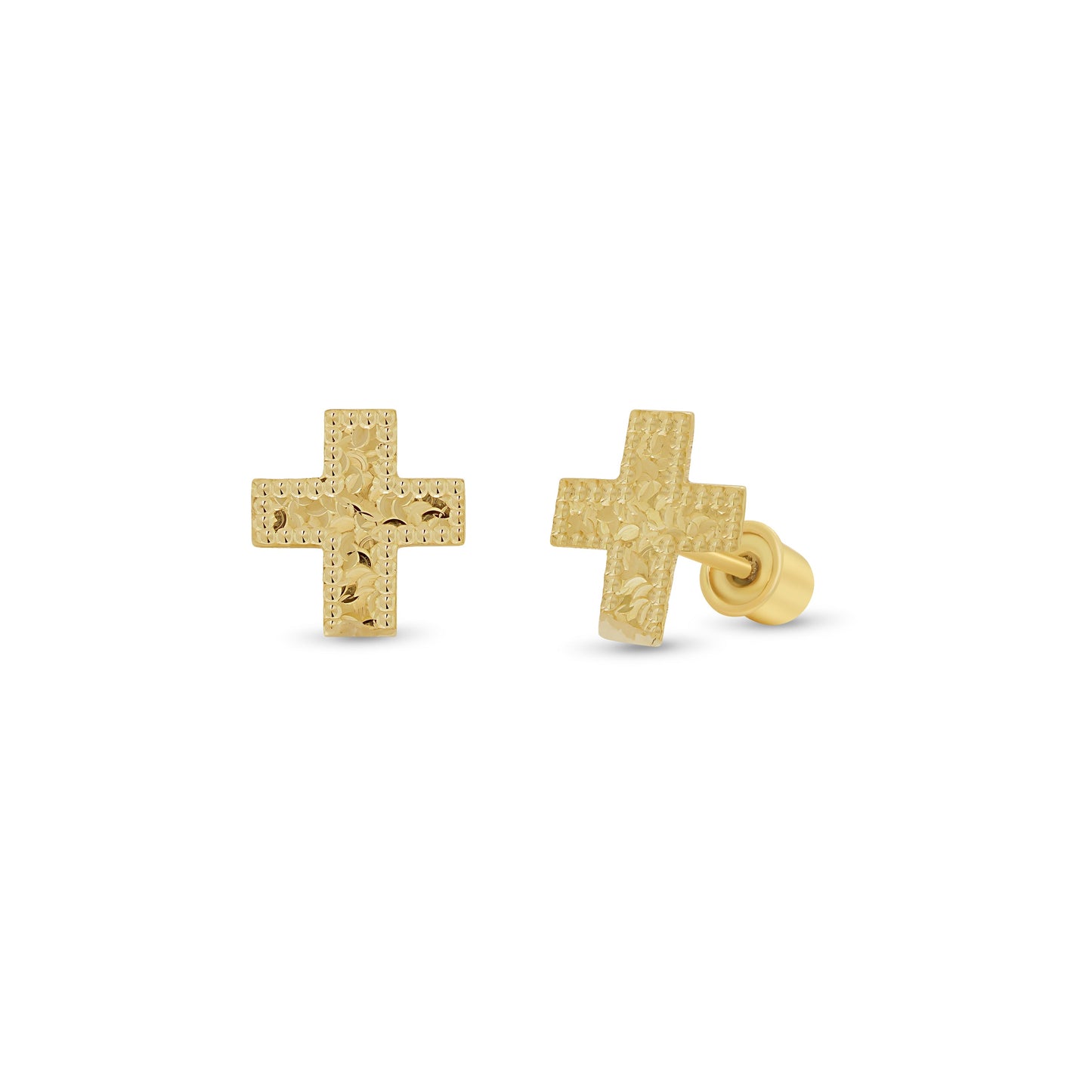 14K gold beaded diamond-cut confetti cross screw back stud earrings