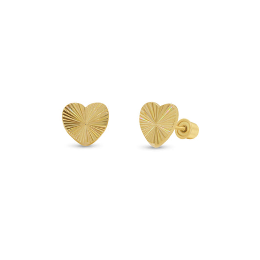 14K gold diamond-cut iridescent heart screw back stud earrings